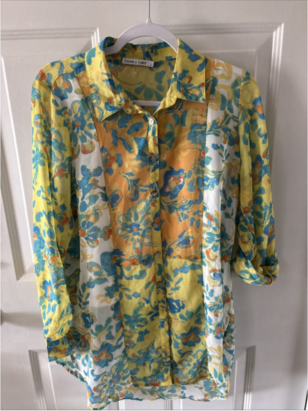 Figueroa & Flower Blouse W/tank Large Floral Print Yellow, Orange Turquoise